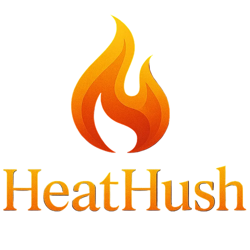 Logo of HeatHush with flame design on a red background